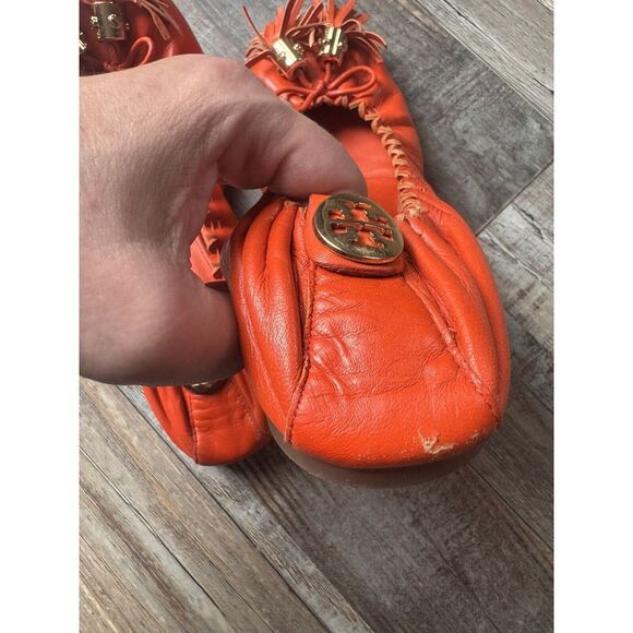 Tory Burch Flats Women's‎ Size 7.5M Reese Tassel Scrunch Ballet Orange Leather - Picture 4 of 7